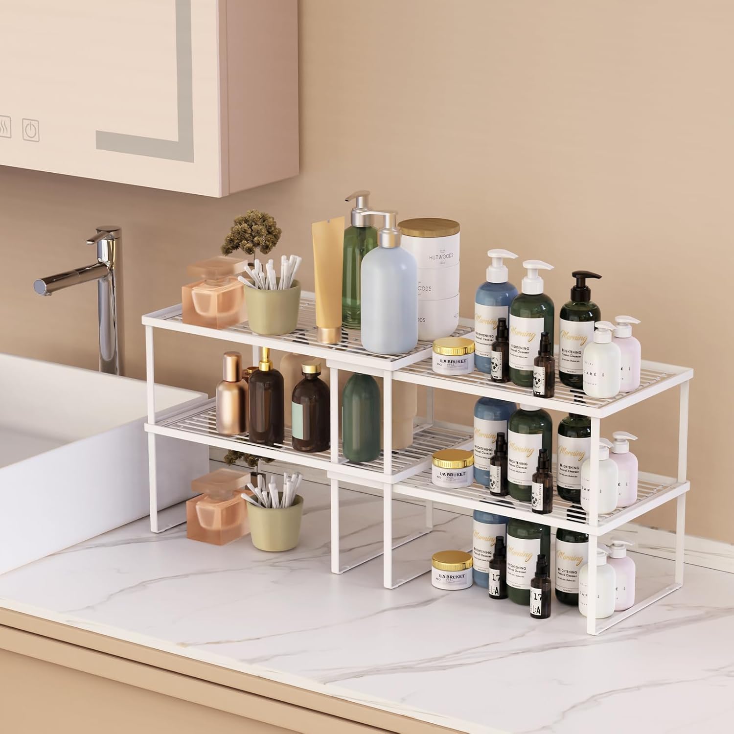 Metal Expandable Cabinet Shelf Organizer, Set of 4 Stackable Shelves for Pantry, Storage Countertop Shelf for Kitchen Counter, White, 17" L X 10" D X 6.3" H