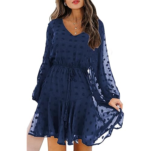 KIRUNDO Women's Long Sleeves V Neck Flowy Swiss Dot High Waist Chiffon Casual Mini Dress with Belt