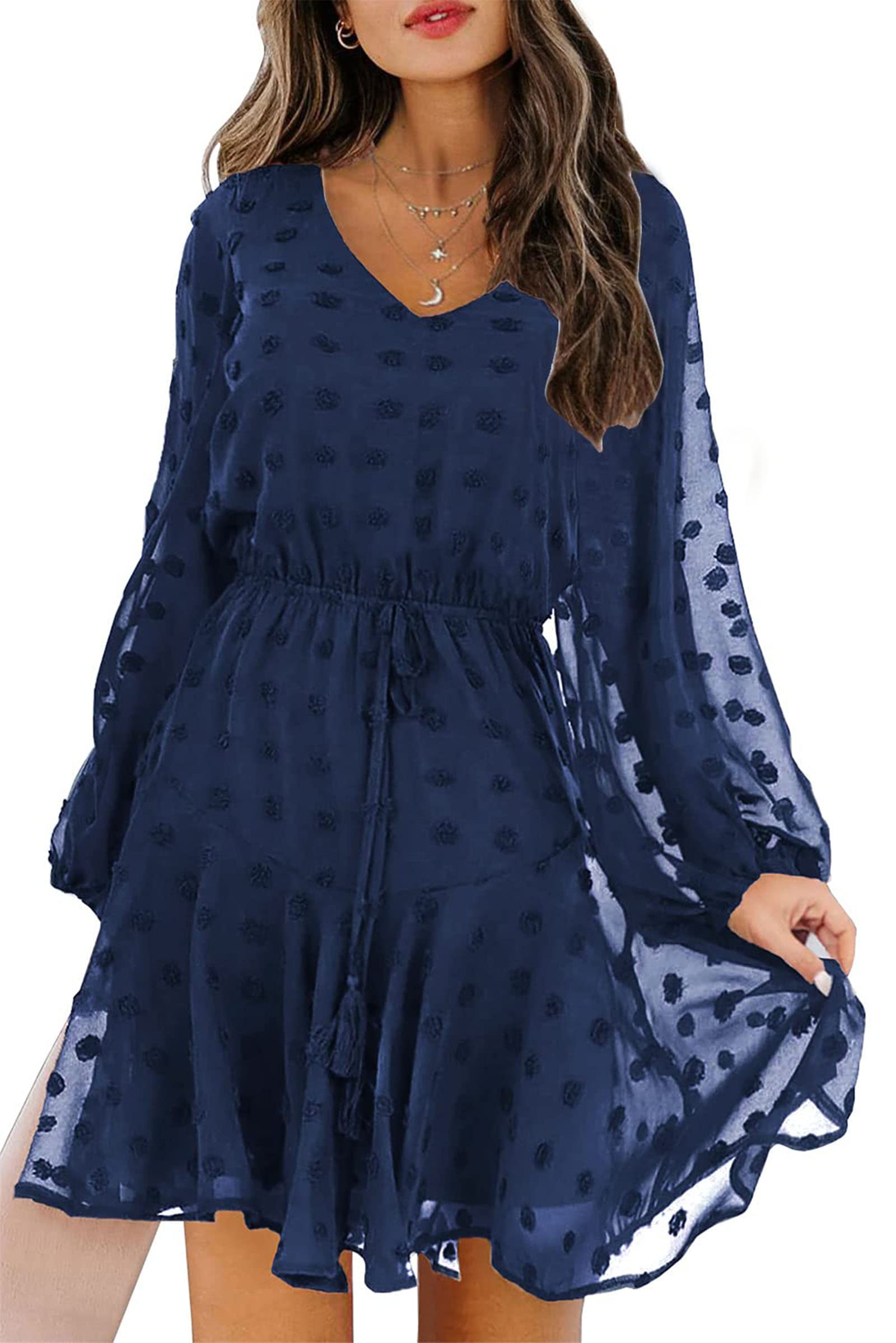 Chiffon Casual Dress 2026.Size S KIRUNDO 2023 Spring Summer Women's Dress Long Sleeve V Neck ...