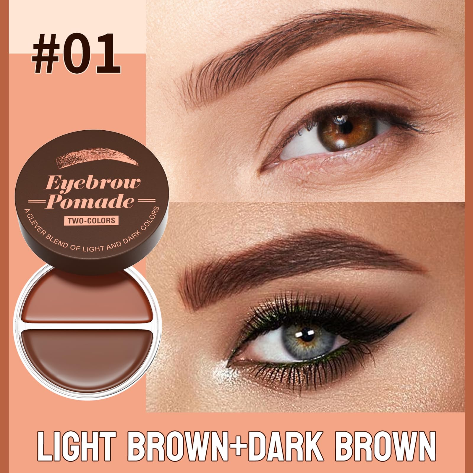 Dual Color Eyebrow Pomade 2-in-1 Waterproof & Sweatproof Brow Gel with Foldable Dual-Ended Brush - Natural Looking, Long Lasting, All-Day Wear for Beginners (Light Brown+Dark Brown)