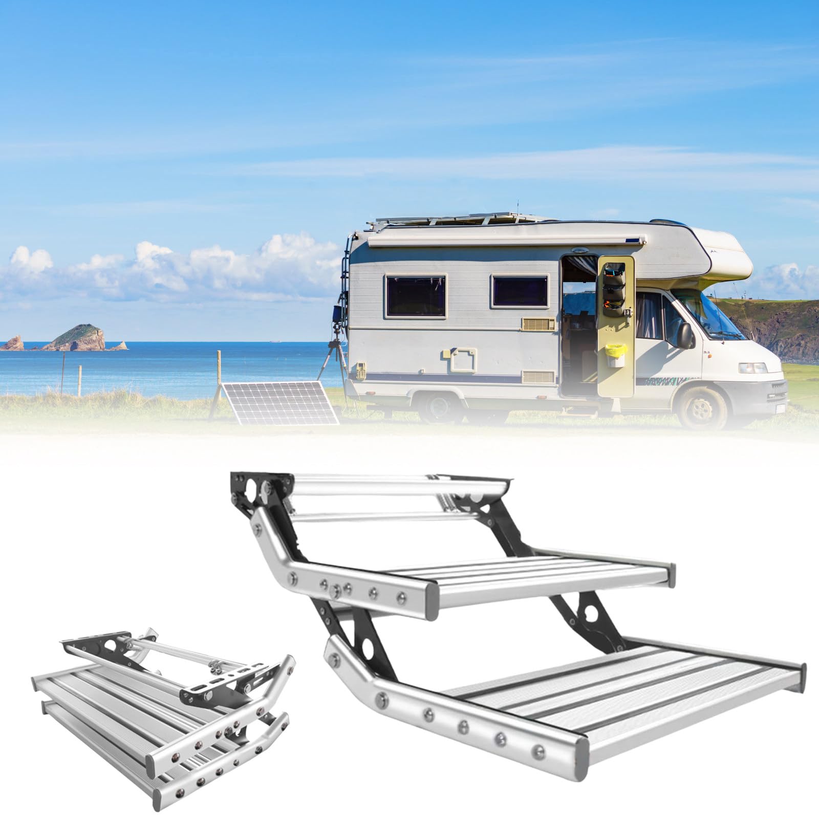 WIANQIAN Foldable Aluminum Alloy Camper Steps, Motorhome Folding Step Stool, RV Entrance Stairs, 440lbs 200kg Capacity, Rust Corrosion Resistant, For Camper Van Motorhome Trailer Double-layermanual