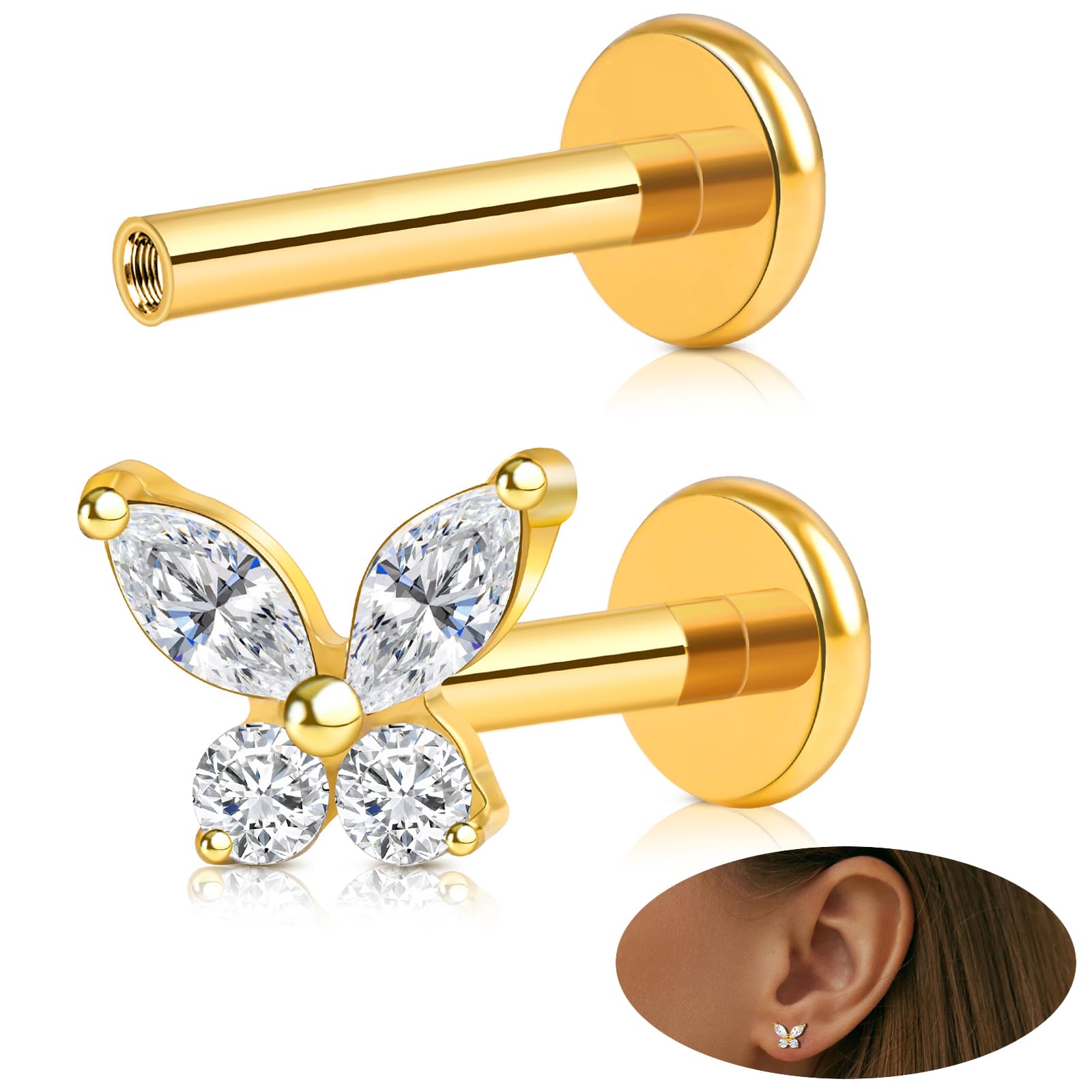 WINSENET 16G Flat Back Earrings Stud G23 Titanium Internal Thread Butterfly Dangle Heart Starlight Tragus Earrings for Women Hypoallergenic Cartilage