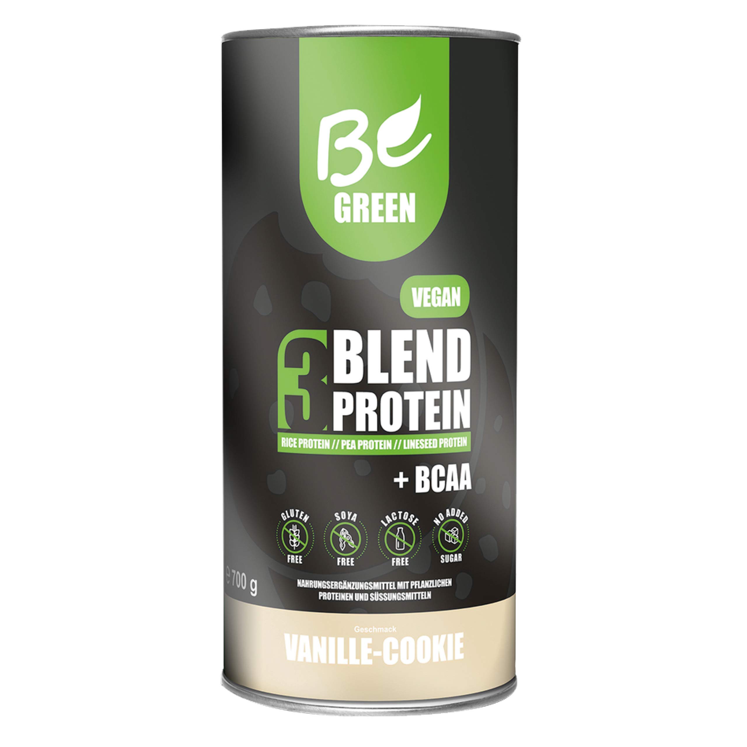 BeGreen 3Blend Vegan-Protein mit BCAA und B12, Vanille-Cookie, Pflanzliches Eiweisspulver aus Reis-Erbsen-Leinsamen-Protein, laktosefrei, glutenfrei ohne Zuckerzusatz, 700 g Pulver, super lecker