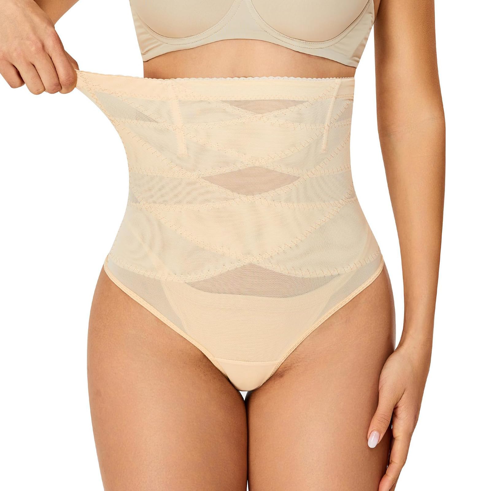 Lyeacs Women's Mesh Thong Shapewear High Waisted Tummy Control - Breathable Seamless Body Shaper Panties Girdle Underwear