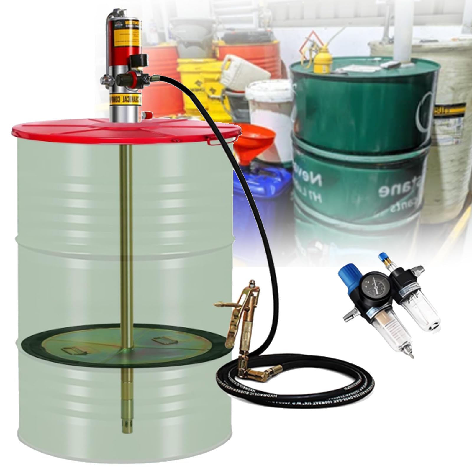 Myuyee As Shown High Pressure Pneumatic Grease Pump, 50:1 Air Grease Gun With 16Ft Oil Pipe, Drum Cap For Workshops & Construction Sites