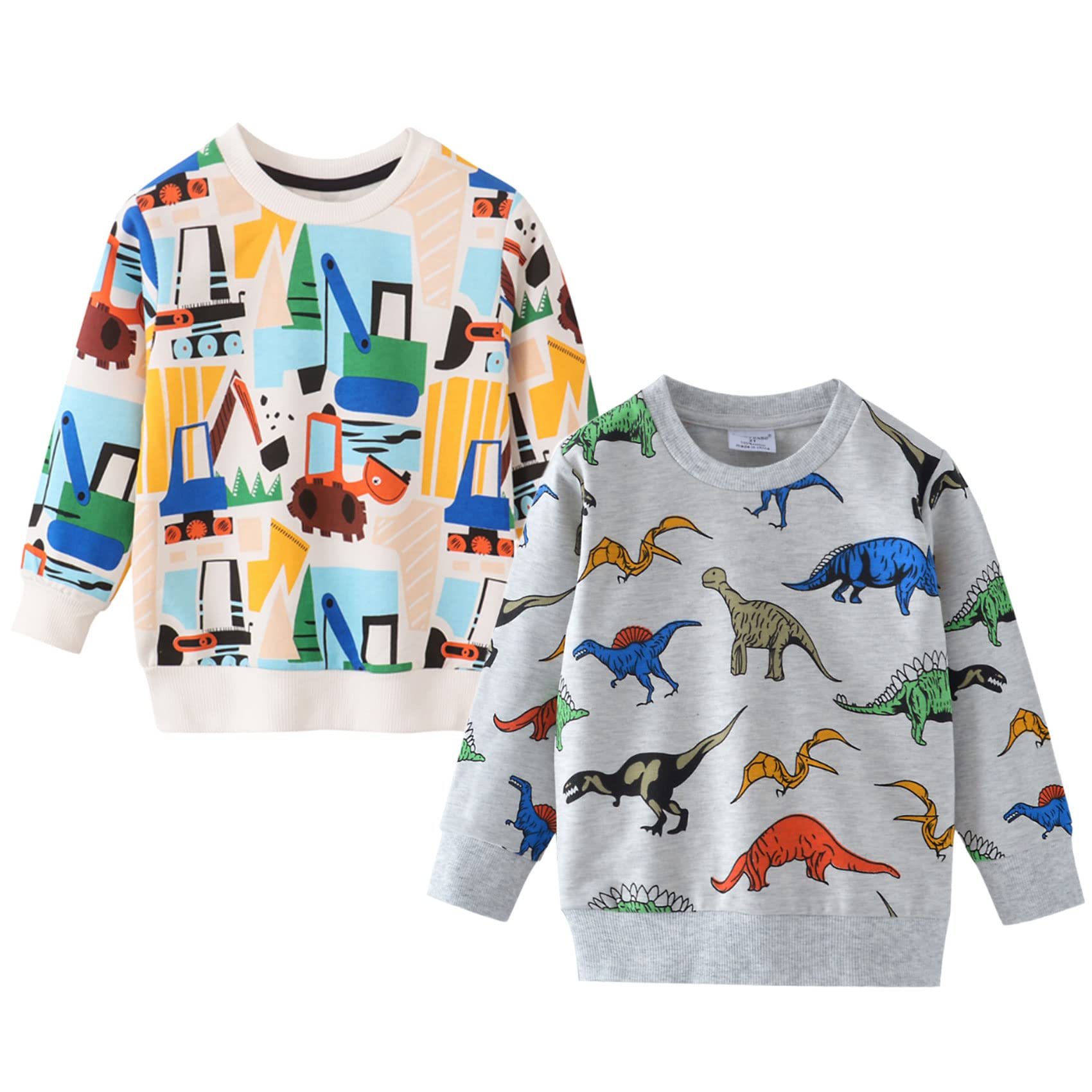 2 Pack Toddler Baby Boys Long Sleeve Dinosaur Sweatshirt Cotton Crewneck Cartoon Pullover Shirts