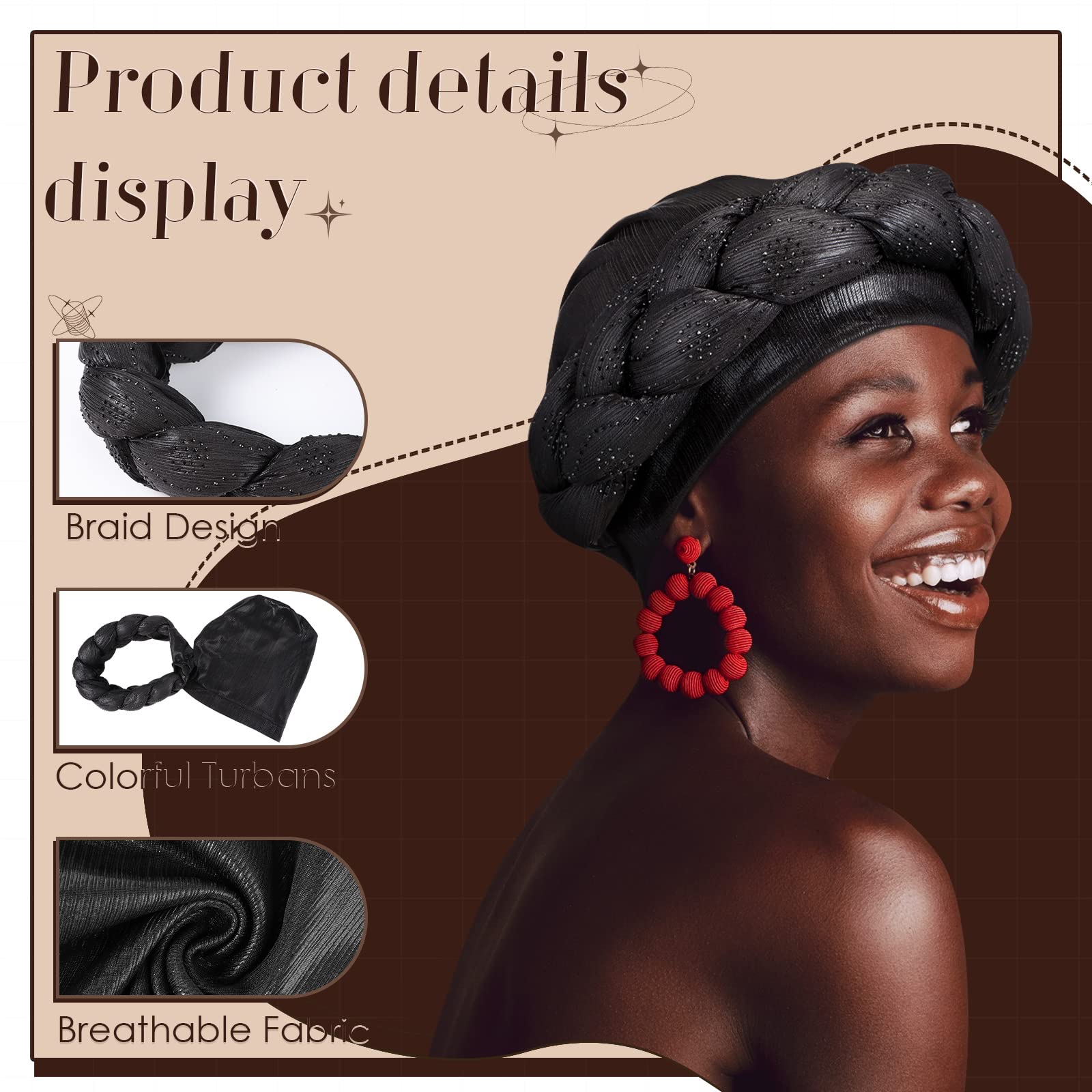 4 Stück afrikanischer Turban-Kopfwickel für Frauen und Mädchen, geflochtene Kristalle, Kopf-Turbane, weiche, gedrehte Wickelkappen für Frauen, Größe M
