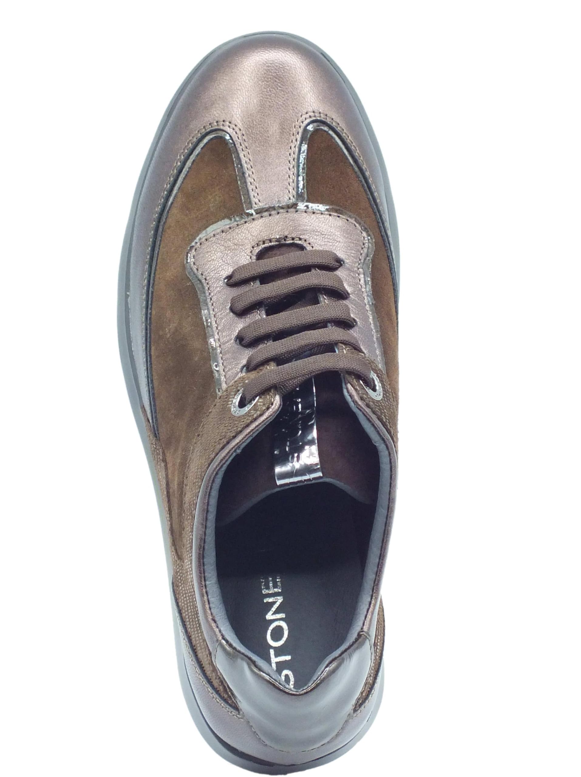 Stonefly 219894 Plume Laminated Brown Sneakers Confort per Donna in Pelle e Tessuto Zeppa Media