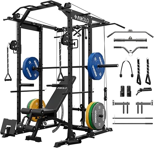 Miniatura 16 de Mikolo Jaula de Potencia, Rack de Potencia con Sistema de Cruce de Cables, 1500LBS Rack para Sentadillas con Sistema de Jalón LAT, Jaula de Rojo