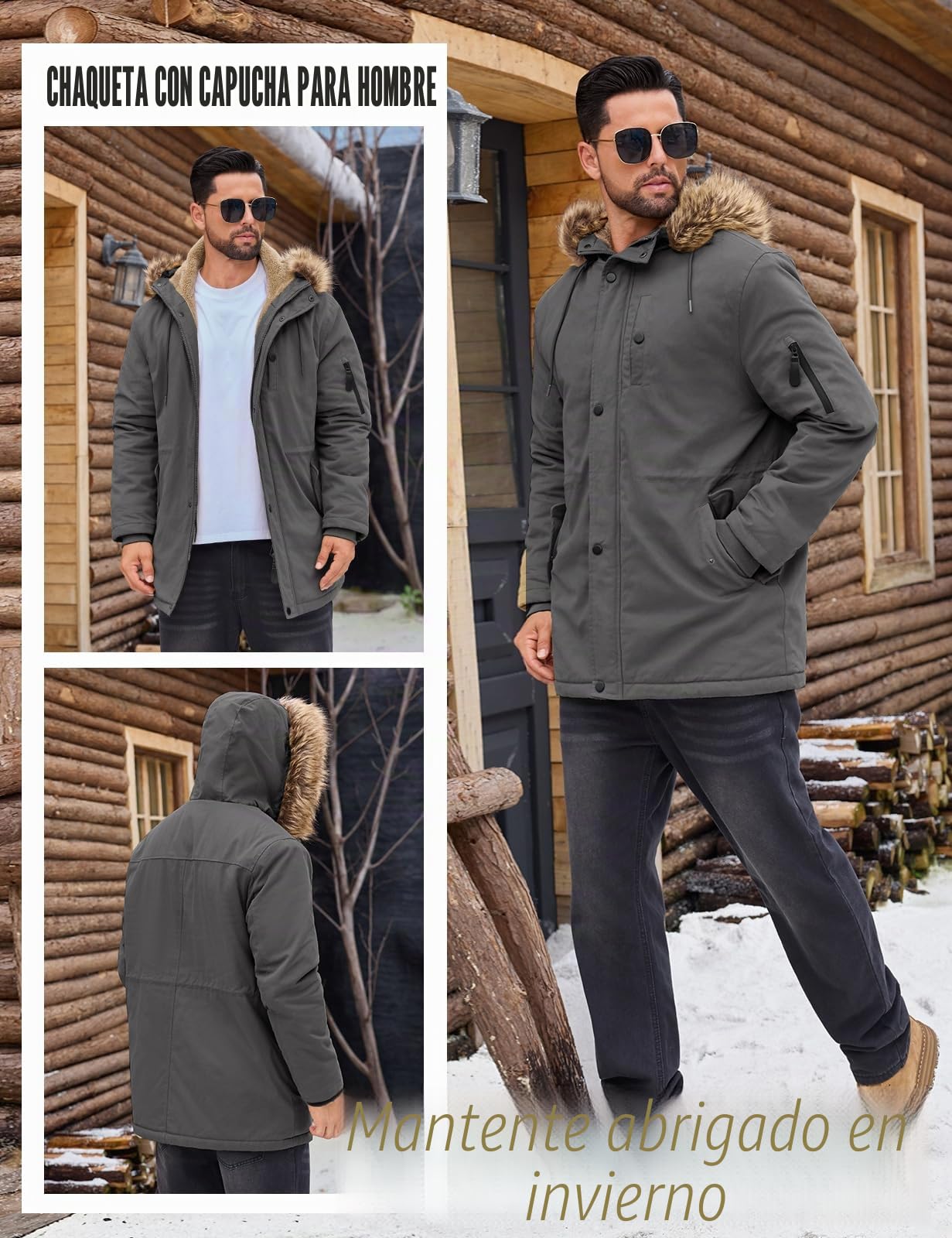 Lonya Abrigo Hombre Invierno Chaquetas de Algodón Forro Polar Cálido Parka Gruesa Cuello De Piel Desmontable Militar Exteriores Prueba de Viento Cazadora con Capucha Integrada Bolsillos Múltiples