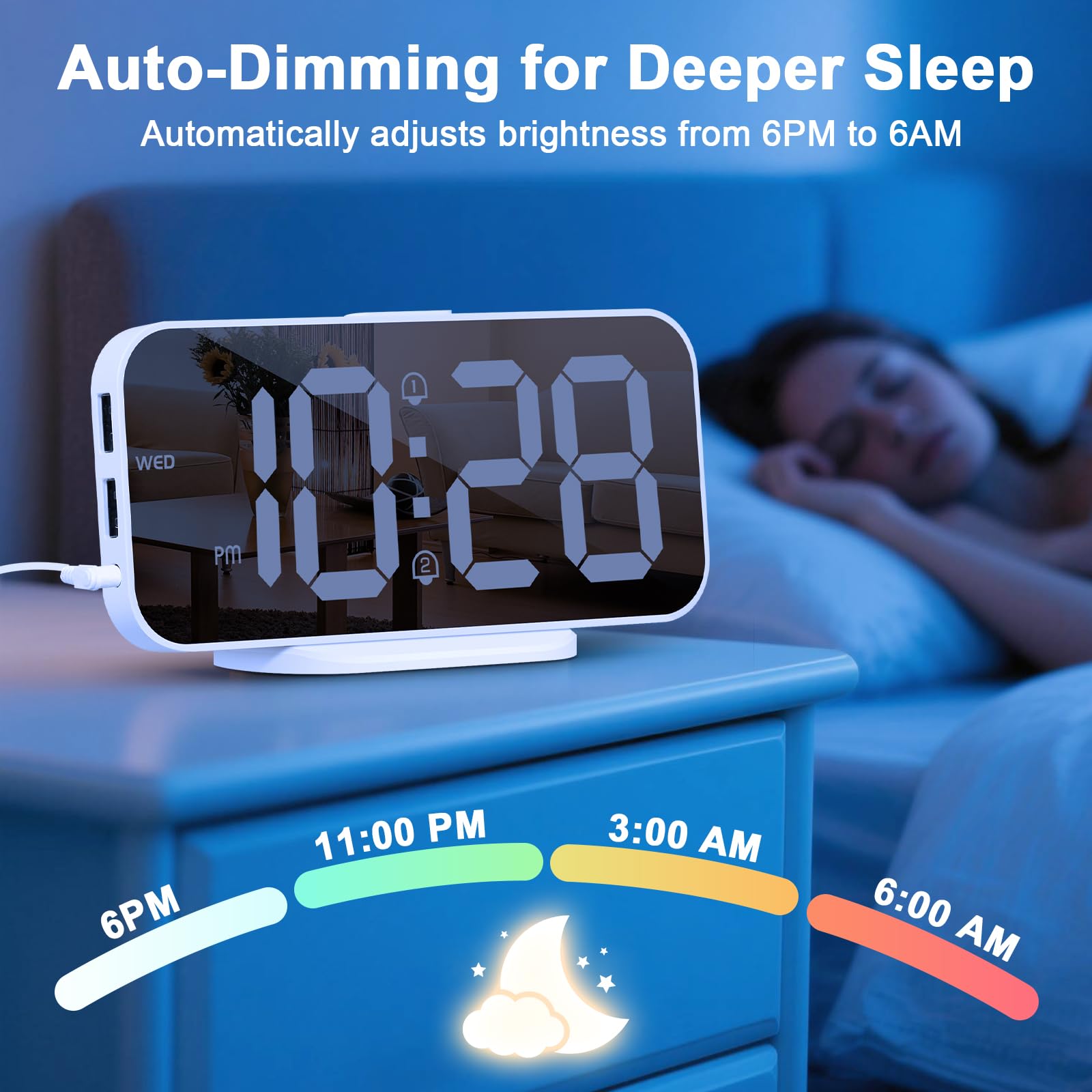ALANAS Reloj despertador digital estético, pantalla de espejo grande con puertos de carga USB duales, alarmas duales, repetición, regulador ajustable de 4 niveles, para dormitorio, oficina, escritorio