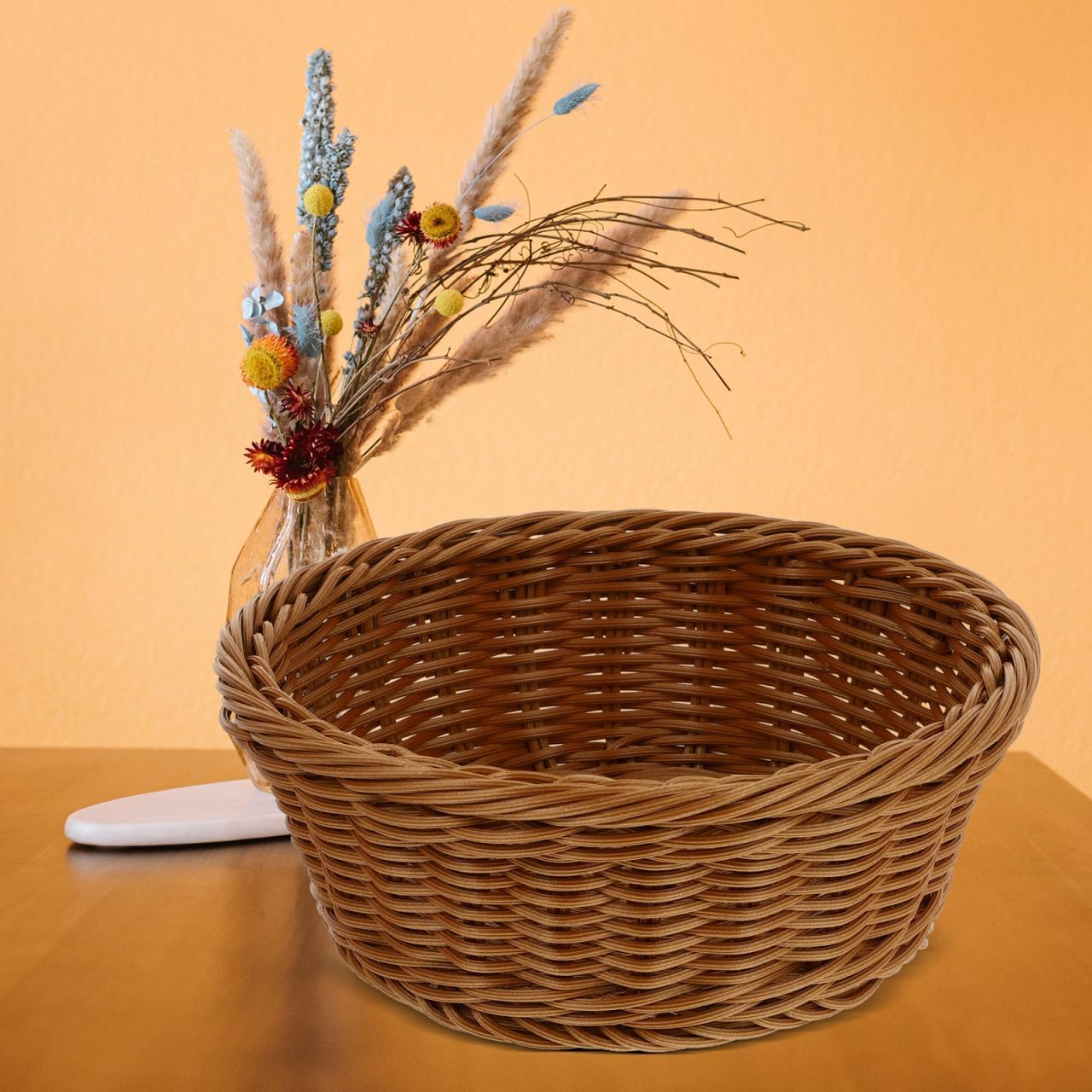 Wicker Bread Basket 9.92X9.92X3.14In Round Woven Storage Basket Imitation Rattan Serving Tray for Kitchen Snacks Fruit Candy Picnic Bakery Display