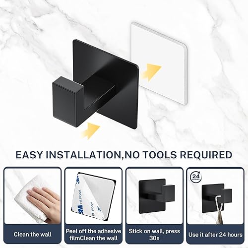 Miniatura 3 de Paquete de 4 ganchos adhesivos negros mate para baño y cocina, ganchos resistentes de acero inoxidable para toallasbatas, sin daños, montaje sin