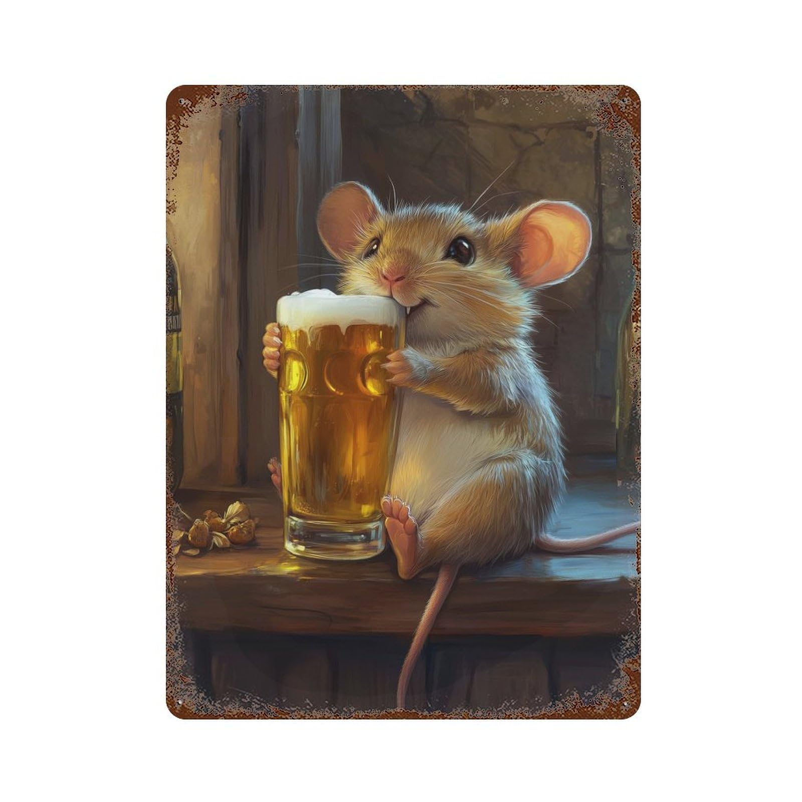 Garage Style Mouse with Beer Rusty Metal Tin Sign 15.7"x11.8", Farmhouse Wall Decor for Bar And Workshop