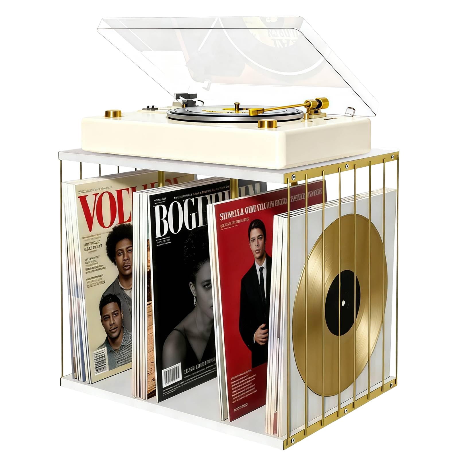 Soporte de almacenamiento de discos de vinilo, estante de discos de vinilo de metal y madera de hasta 80 discos LP, organizador de soporte para tocadiscos para álbumes, revistas, libros