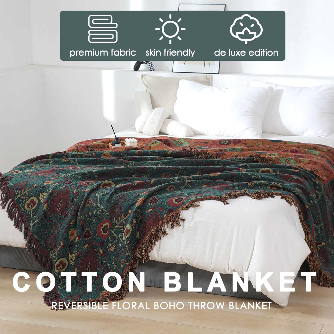 Mantas Sofá Plaid Foulard Sofa Algodón Boho Verano Inverno Estampado de Hojas Florales Multiusos Cubrecama para Cama para Toda Estación, Verde Oscuro, 150x200cm
