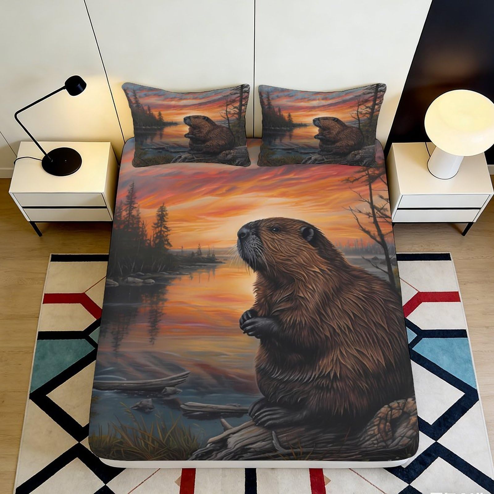 3D Printed Beaver Pattern Fitted Sheet Microfiber Soft Durable 3D Printed Sunset Lake Mattress Cover for Bedroom Dormitory Guest Room Protection 120x200x25cm