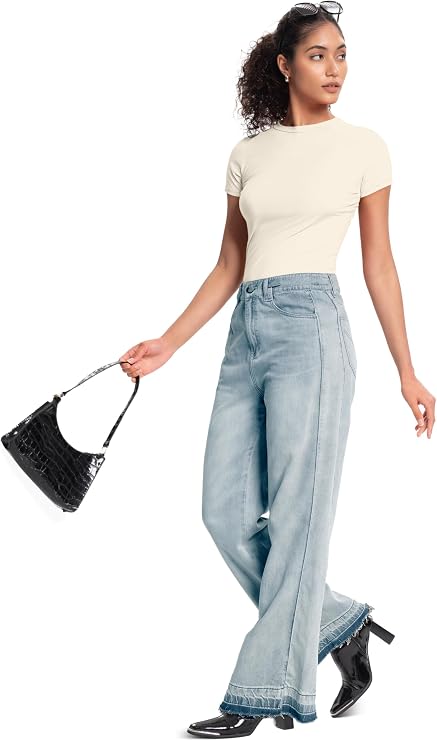 Womens Basic Casual Short Sleeve T-Shirts - Y2k Scoop Neck Summer Crop Tops Slim Fit Tees