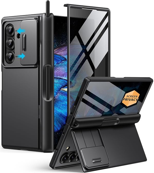 BERFY for Z Fold 7 Case with Privacy Screen Protector, [Anti Spy] Hidden Kickstand & Slide Camera Cover & Hinge Protective, Full Body Shockproof Phone Case for Samsung Galaxy Z Fold 7, Black Stylus by BERFY - Used condition - US$58.45