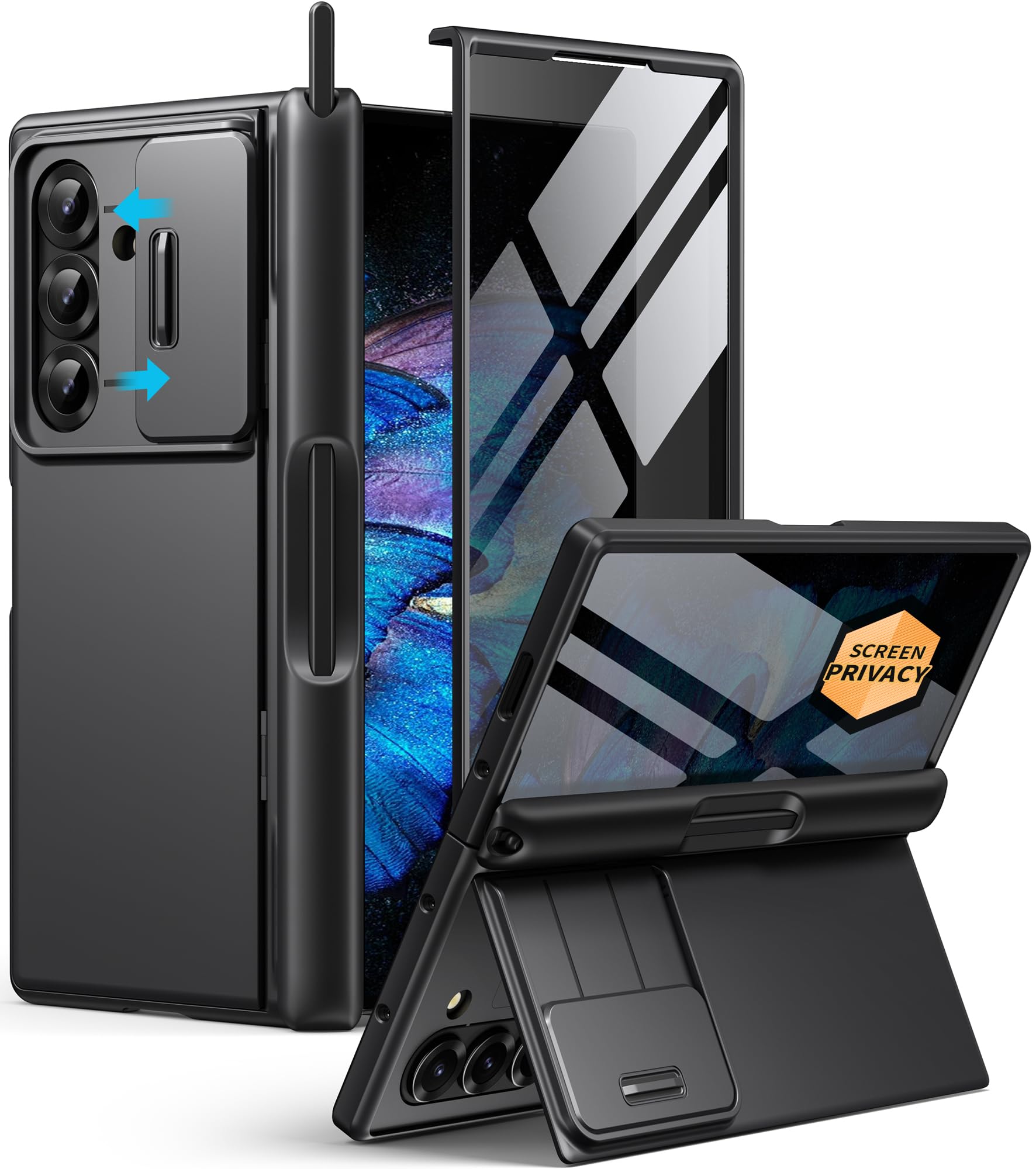 BERFY Custodia per Z Fold 7 con pennino e portapenna, [anti spia] cavalletto nascosto e custodia per fotocamera scorrevole e protezione per cerniera, custodia rigida antiurto sottile per Samsung