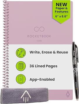 Rocketbook New Core Reusable Spiral Notebook, Executive Size, 6 x 8.8 Inches, Pink - Ruled Pages, Connect Apps, Erasable Durable Covers, Great for School, Work, and Creative Projects 1 Pack