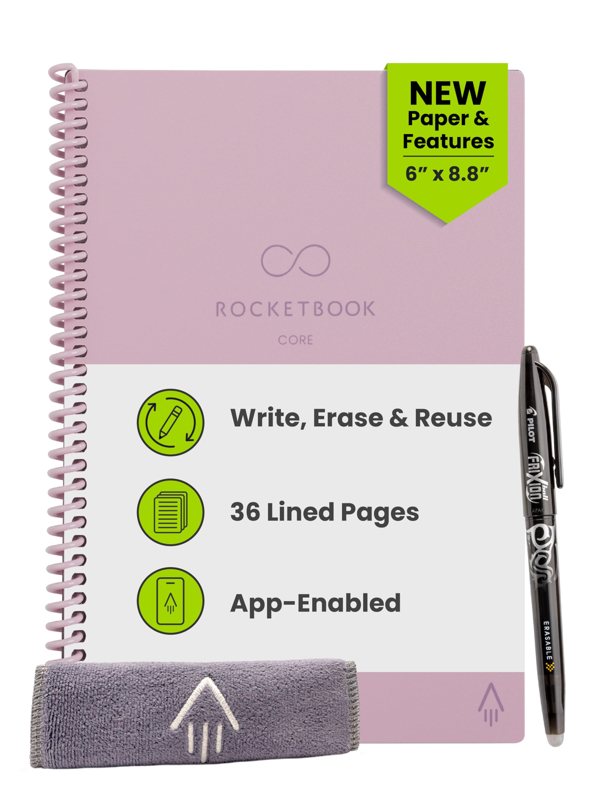 Rocketbook New Core Reusable Spiral Notebook, Executive Size 6x8.8, Pink - Lined Pages, App Connected, Erasable, Durable Cover, Ideal for School, Work and Creative