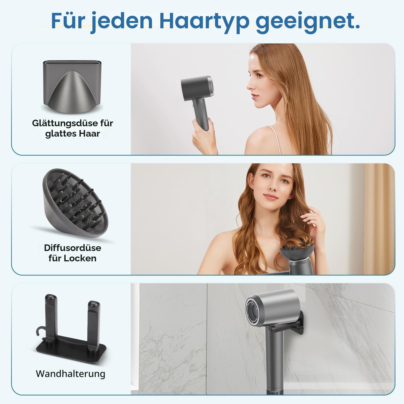 Haartrockner mit Diffusor, Ionen Föhn 110.000 U/min, 4 Temp. & 2 Gebläse