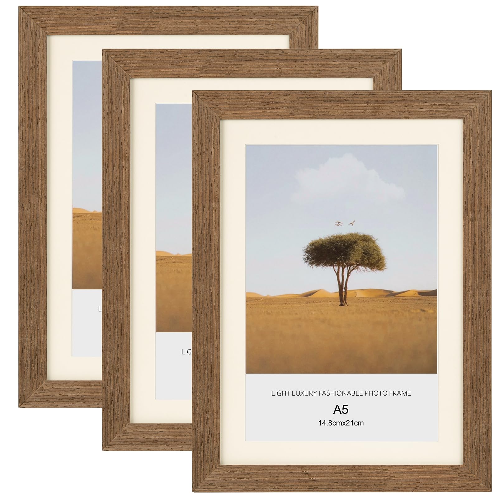 3 Pack A5 Picture Frame, 100% Solid Wood Photo Frame 14.8x21cm with Clear Perspex, Wall & Tabletop Display for Picture Artwork Certificate Home Office Decoration