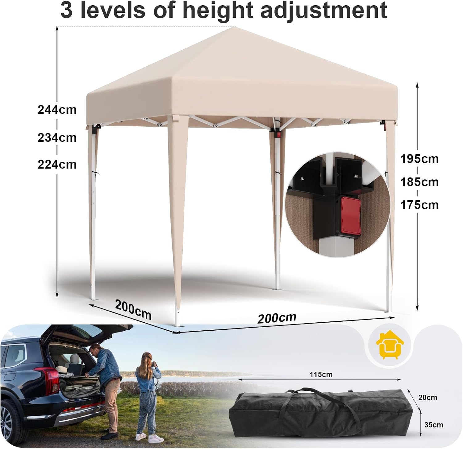 Image showing the 3 levels of height adjustment for the gazebo and its overall dimensions.