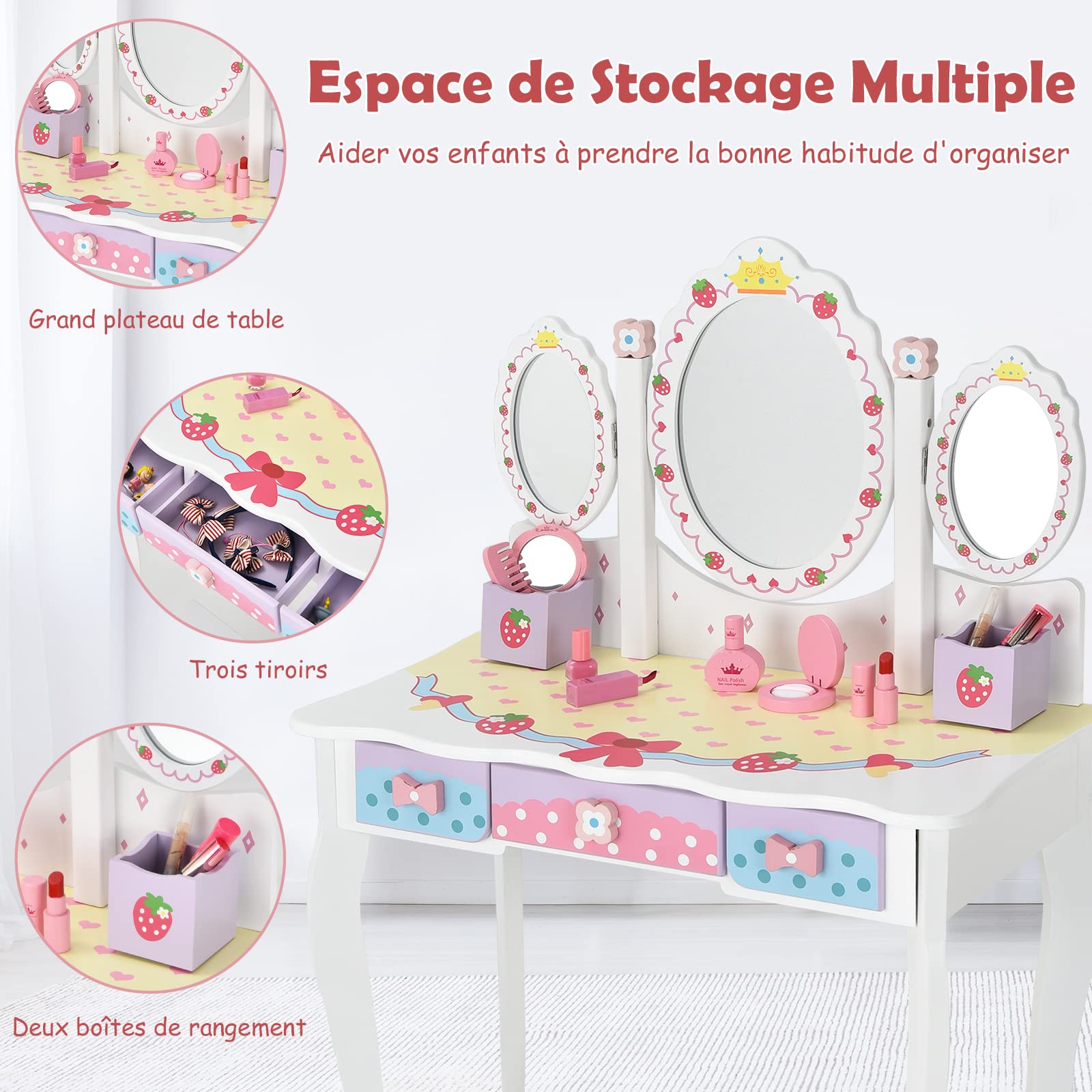 COSTWAY Coiffeuse pour Enfants de 3+ Ans, Ensemble Coiffeuse et Chaise avec Miroir Pliable à Trois Volets, 3 Tiroirs et 2 Boîte de Rangement, 70 x 34 x 105 cm, Rose…