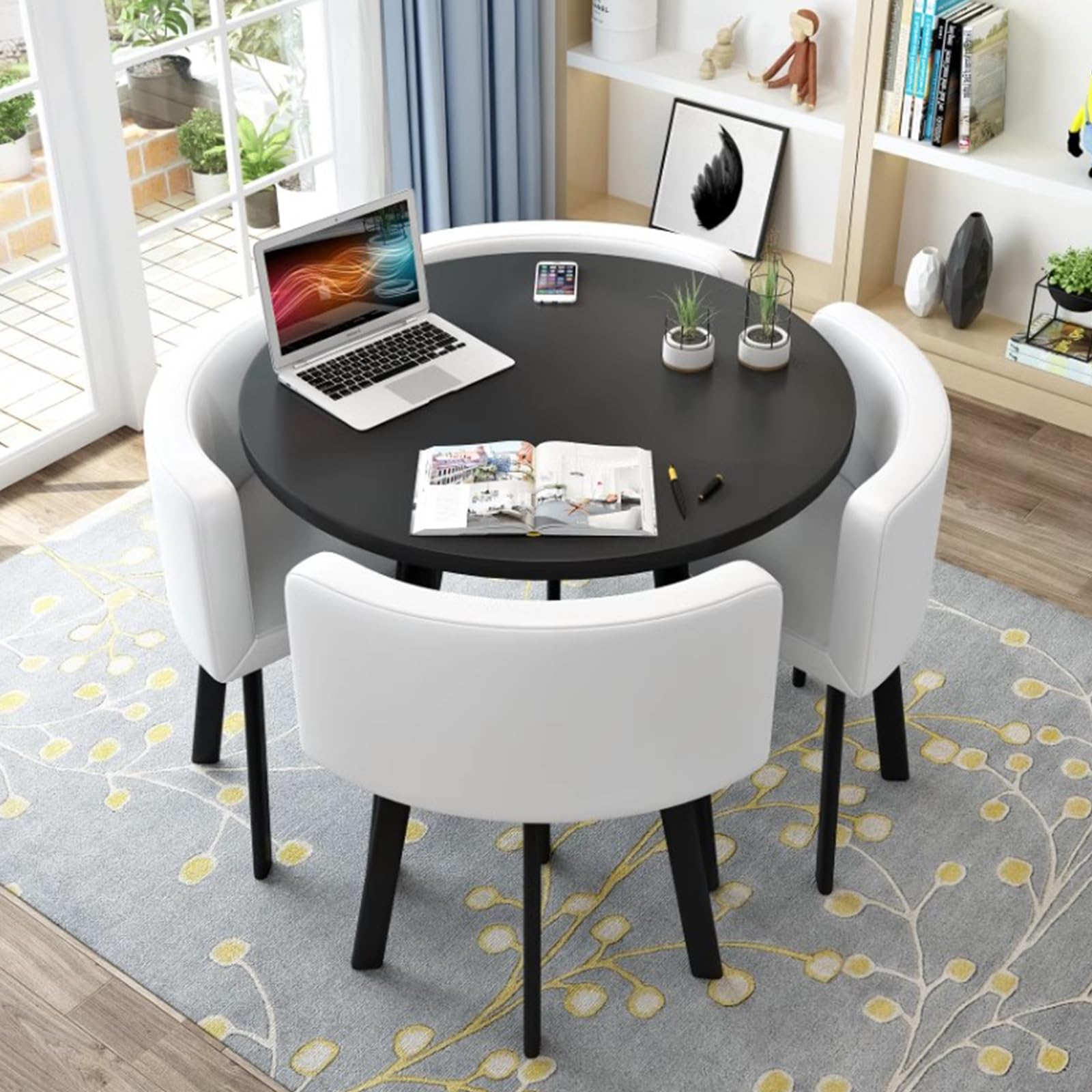 Office Table and Chairs Set, Round Dining Table and Chairs Set 4, Reception Room Club Table Set, Space-Saving Small Meeting Room Table for Home Living Room Balcony Cafe Break Room, PU White