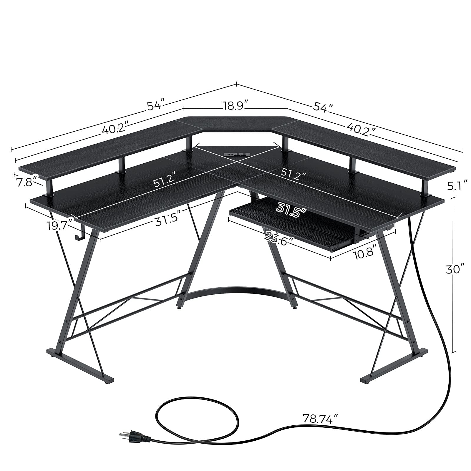 Rolanstar Computer Desk L Shaped with Power Outlet, 54” L Shaped Gaming