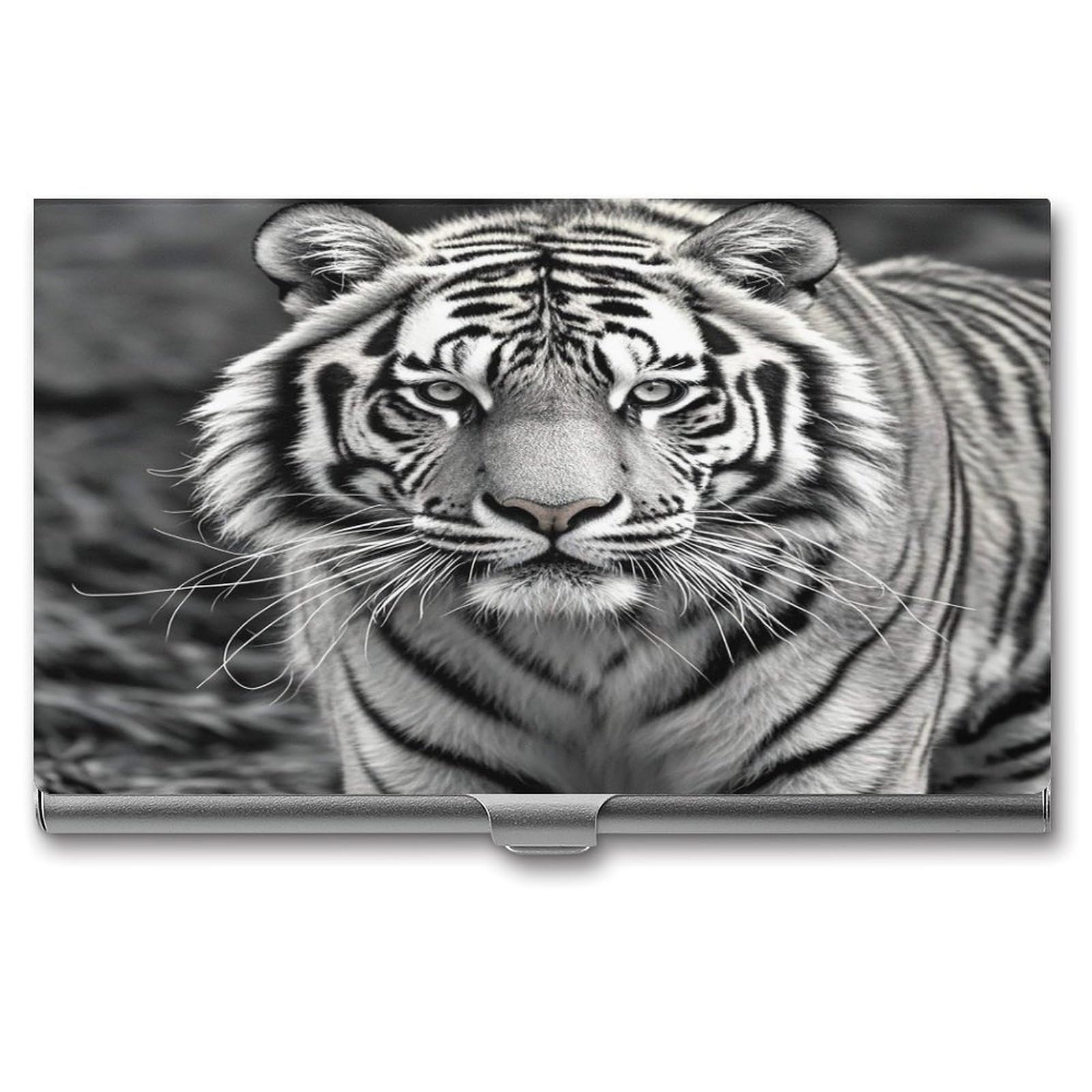 FekiLoot Black And White Tiger Business Card Holder Aluminum Alloy Business Card Case Convenient to Carry Business Card Dispenser for Men Women