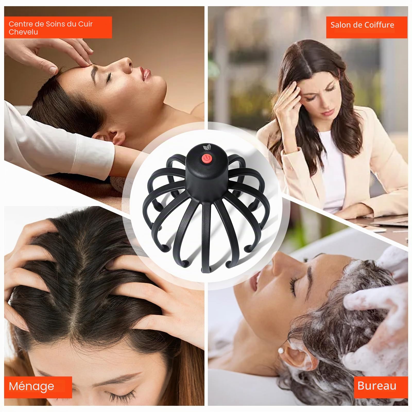 Masseur de tête électrique à 360° avec 3 modes, rechargeable sans fil, portable, pour la relaxation, le stress et la circulation sanguine, noir