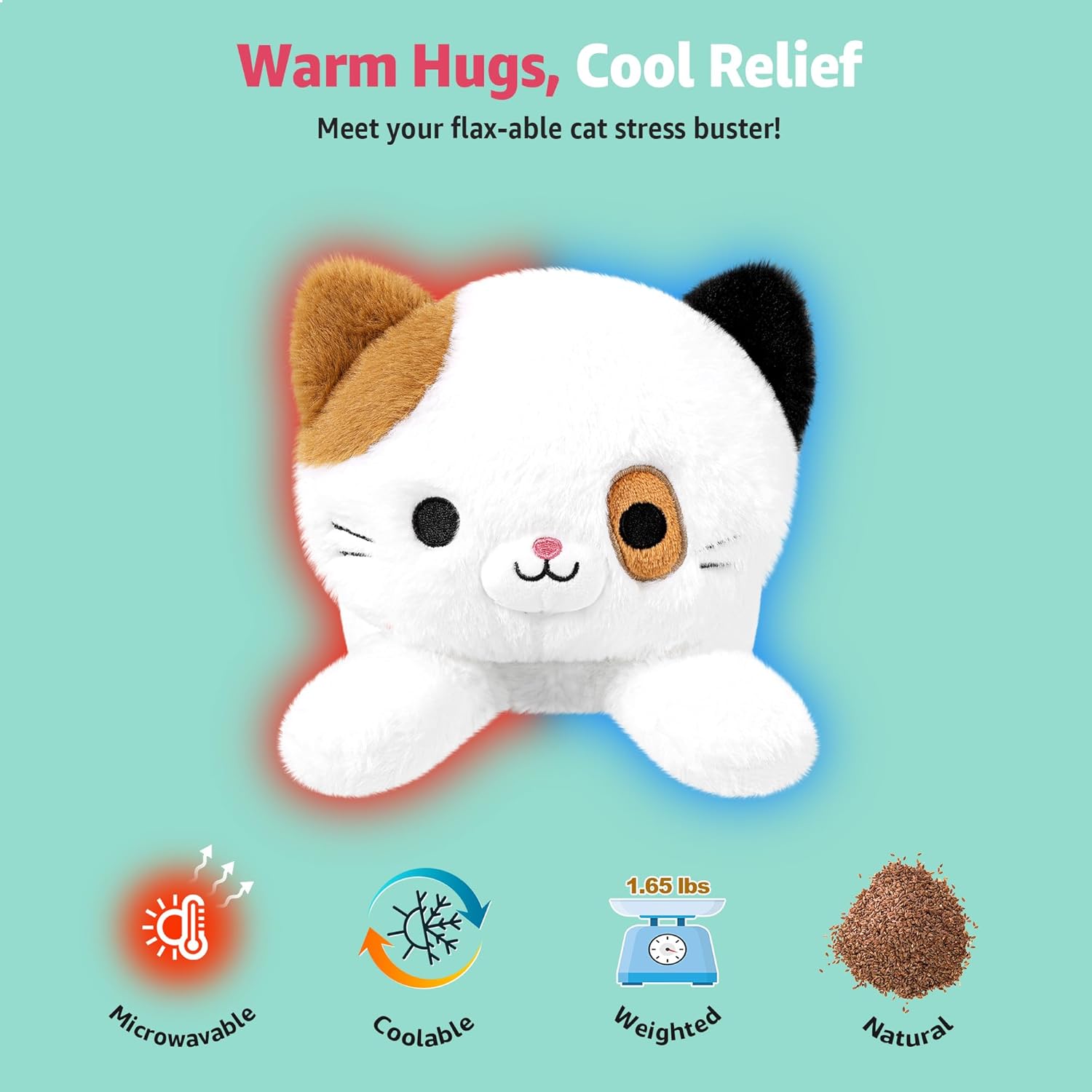 Onsoyours Original Heatable & Weighted Calico Cat Stuffed Animals, 15 inch Microwavable Kitten Plushie for Warmth & Stress Relief - Comfort Soft Plush Toys for Kids and Adults - Image 2