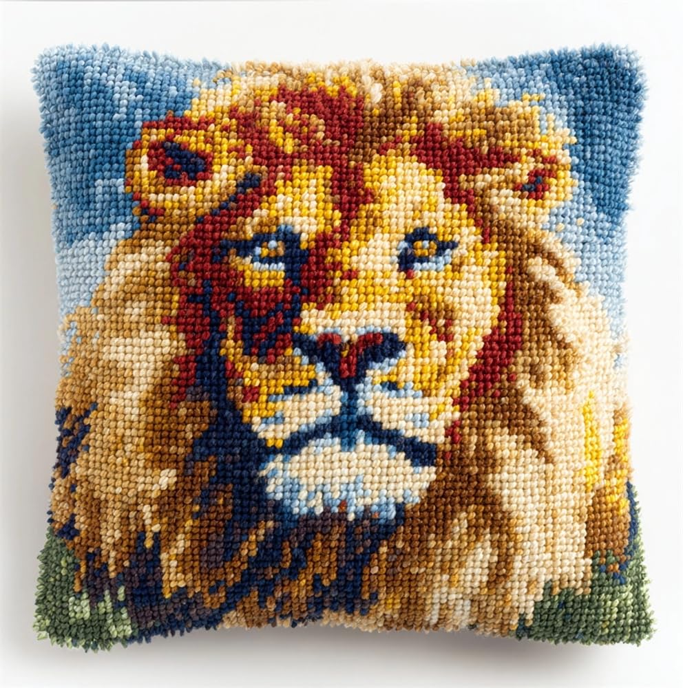 kitphoenix Latch Hook Kit Unfinished Cushion Cover with Printed Canvas Watercolor Lion Animal Pillowcase Sewing Making Kits for Beginners Adults Embroidery Kits Home Decoration 17X17Inch