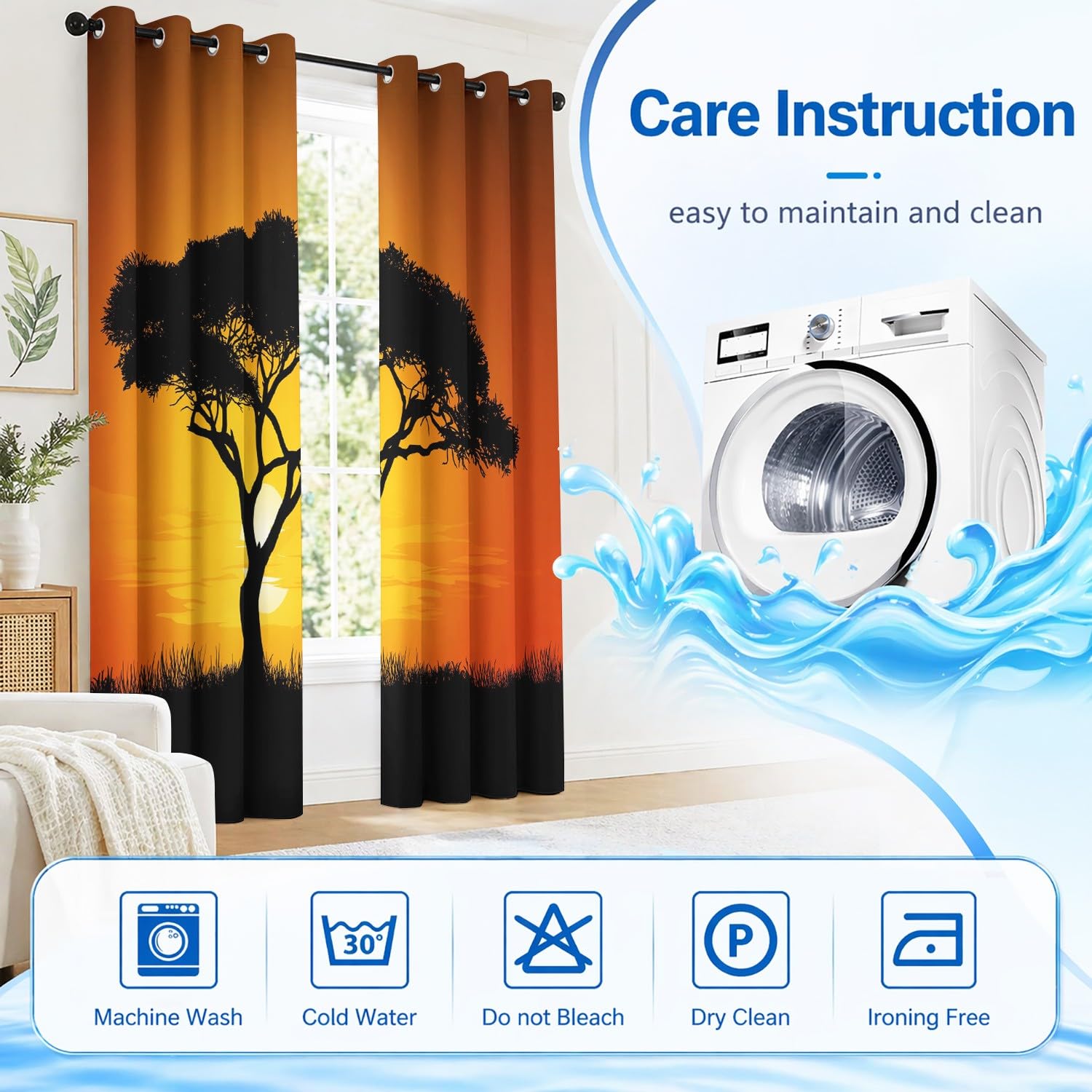 Generisch Bäume, Sonnenuntergang, Orange Vorhang Blickdicht 2er-Set B 91.5 x H 214 cm Minimalistische Silhouette, Weit, Ösen-Gardinen, Thermo-, Kälte- & Lärmschutz
