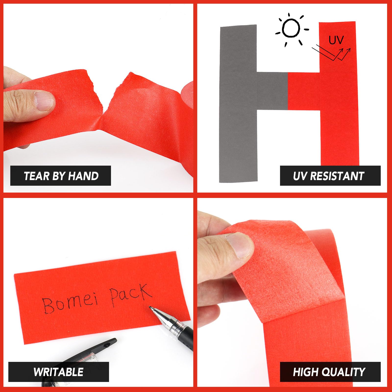 BOMEI PACK 5 rotoli di nastro adesivo per pittori, larghezza 5,1 cm x 50,1 m, nastro coprente per pittura, etichettatura, fai da te, decorazioni e progetti scolastici (rosso)