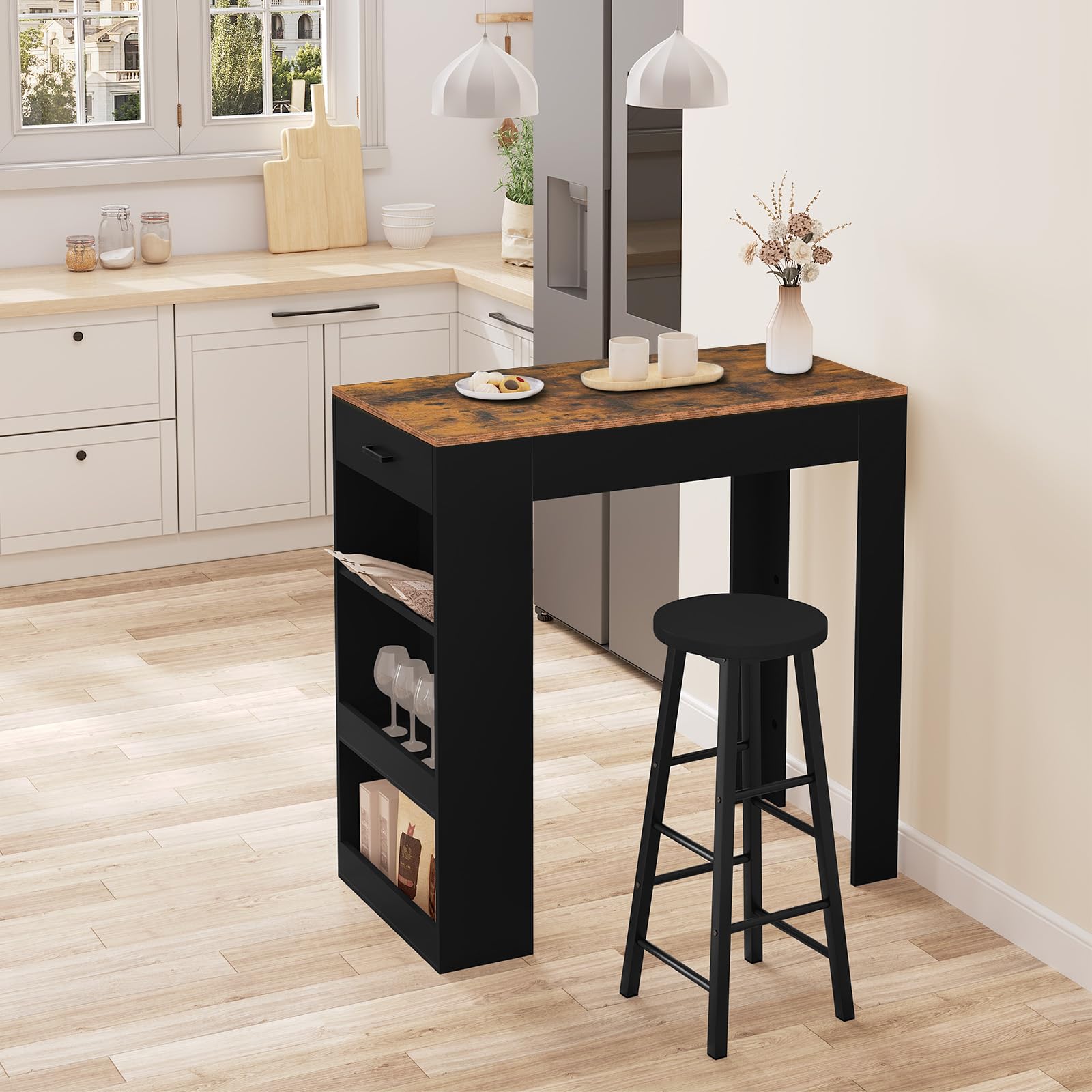 WOLTU Tavolo da Bar, Bancone da Bar con 1 Cassetto e 3 Ripiani, Tavolo Penisola per Cucina, Pub, Bistrot, Legno Ingegnerizzato (Senza assi di legno, Rustico + Nero, 100 x 50 x100 cm)