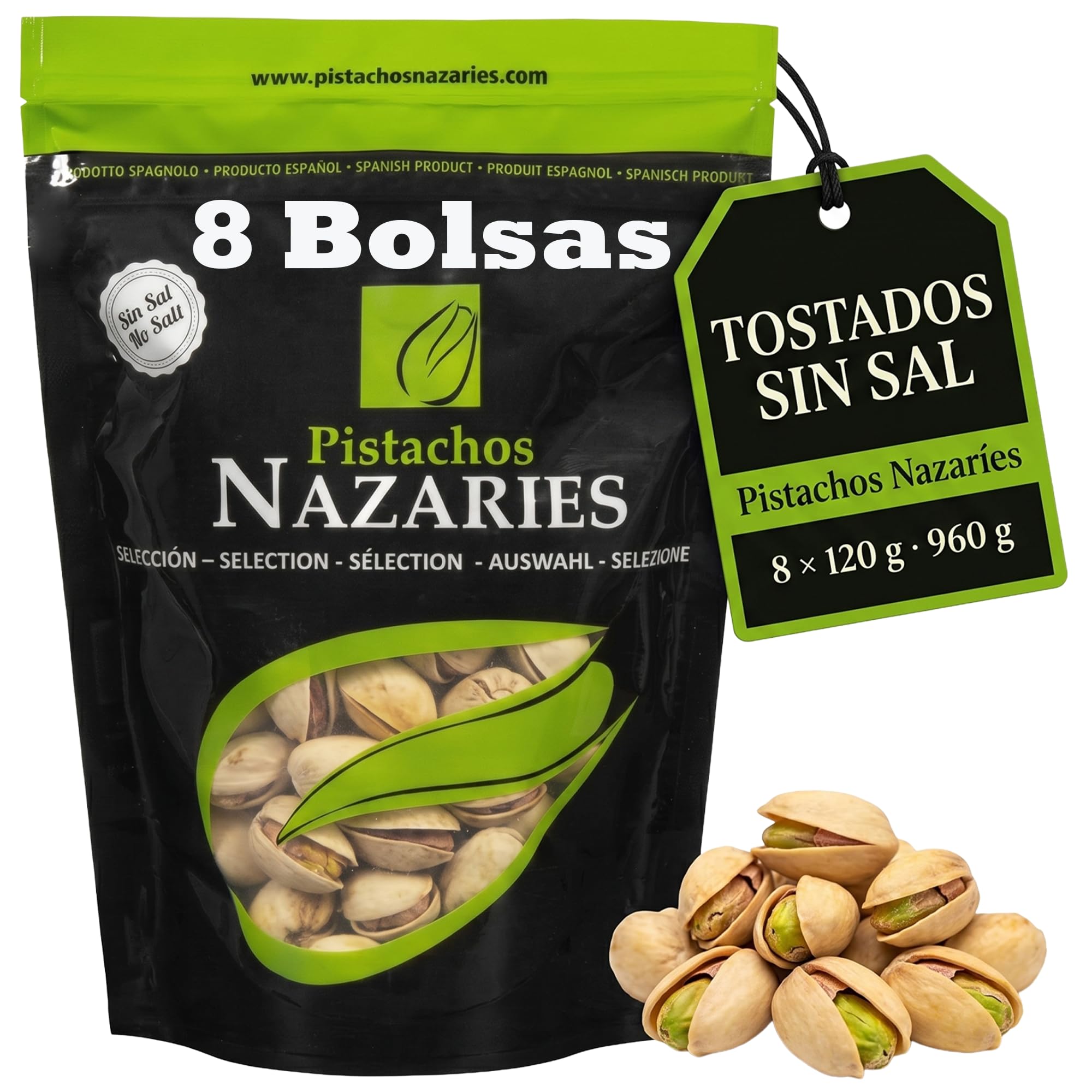 PISTACHOS NAZARIES Pistachos Tostados Sin Sal 8 x 120 g Pistacho Español Cultivo Propio Andalucia Malaga Snack Saludable Fitness Sin Gluten Frutos Secos Aperitivo Individual Para Llevar Gym Oficina