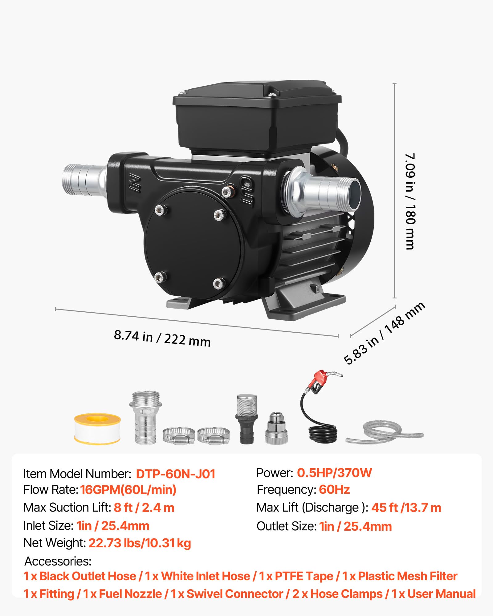 VEVOR Bomba de Transferencia de Combustible, 60 L/min, con Boquilla de Combustible Automática y 2 Mangueras, Elevación Máxima de 13,7 m, para Diésel, Queroseno y Biodiésel para Vehículos