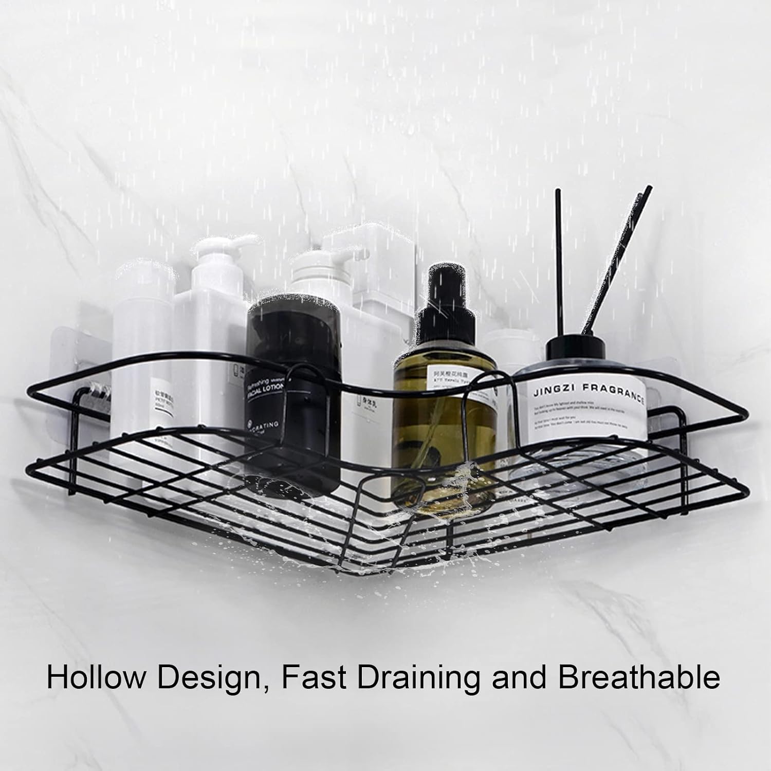LUOOV Shower Caddy, No Drilling RustProof Stainless Steel Shower Storage Corner Adhesive Bathtub Shelves Triangle Wall Mounted Shower Accessories for Kitchen, Bathroom Storage-2Pack (Black)
