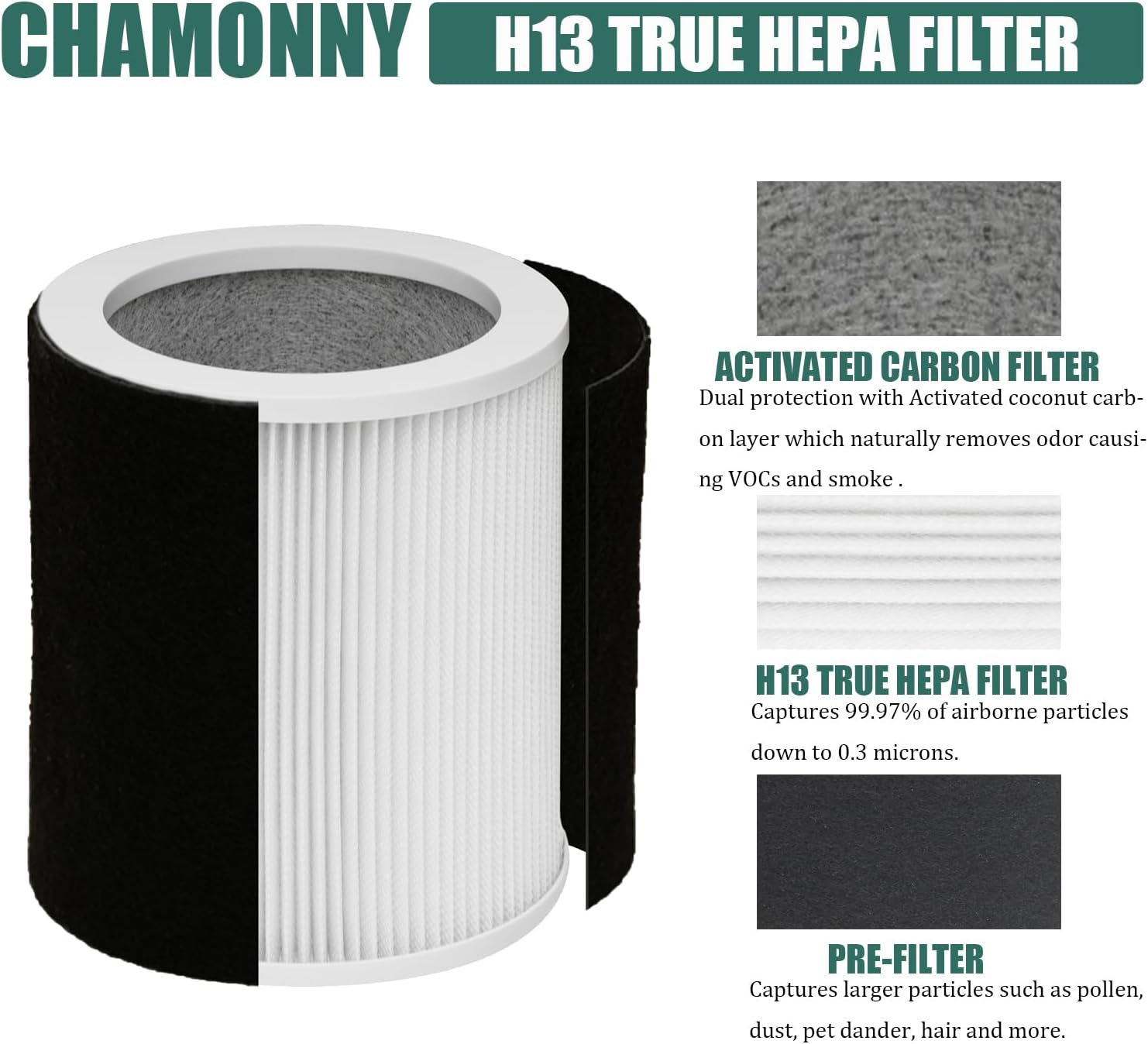 H-HF400-VP Filter Replacement, Compatible with Hunter H-HF400-VP, H-PF400 and Hunter HP400 Cylindrical Tower Air Purifier, 1 True HEPA Filter + 4 Pre-Carbon Filters - Image 3