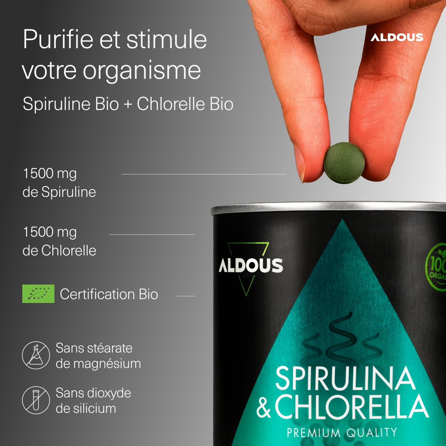 Chlorella + Spiruline Comprimés - 600 Comprimés - 3000mg par Dose Journalière - Anti Fatigue & Immunité Adulte - Phycocyanine & Protéines - Vegan - DETOX - Sans Additif - Certifié Bio - ALDOUS