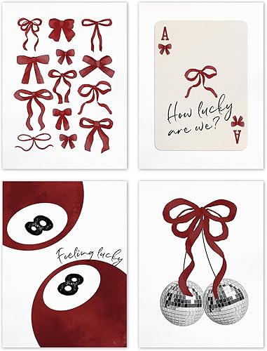 TLESKE Juego de 4 pósteres de arco de coqueta roja sin marco de 12 x 16 pulgadas, juego de 4, 8 bolas de la suerte estéticas de moda para decoración