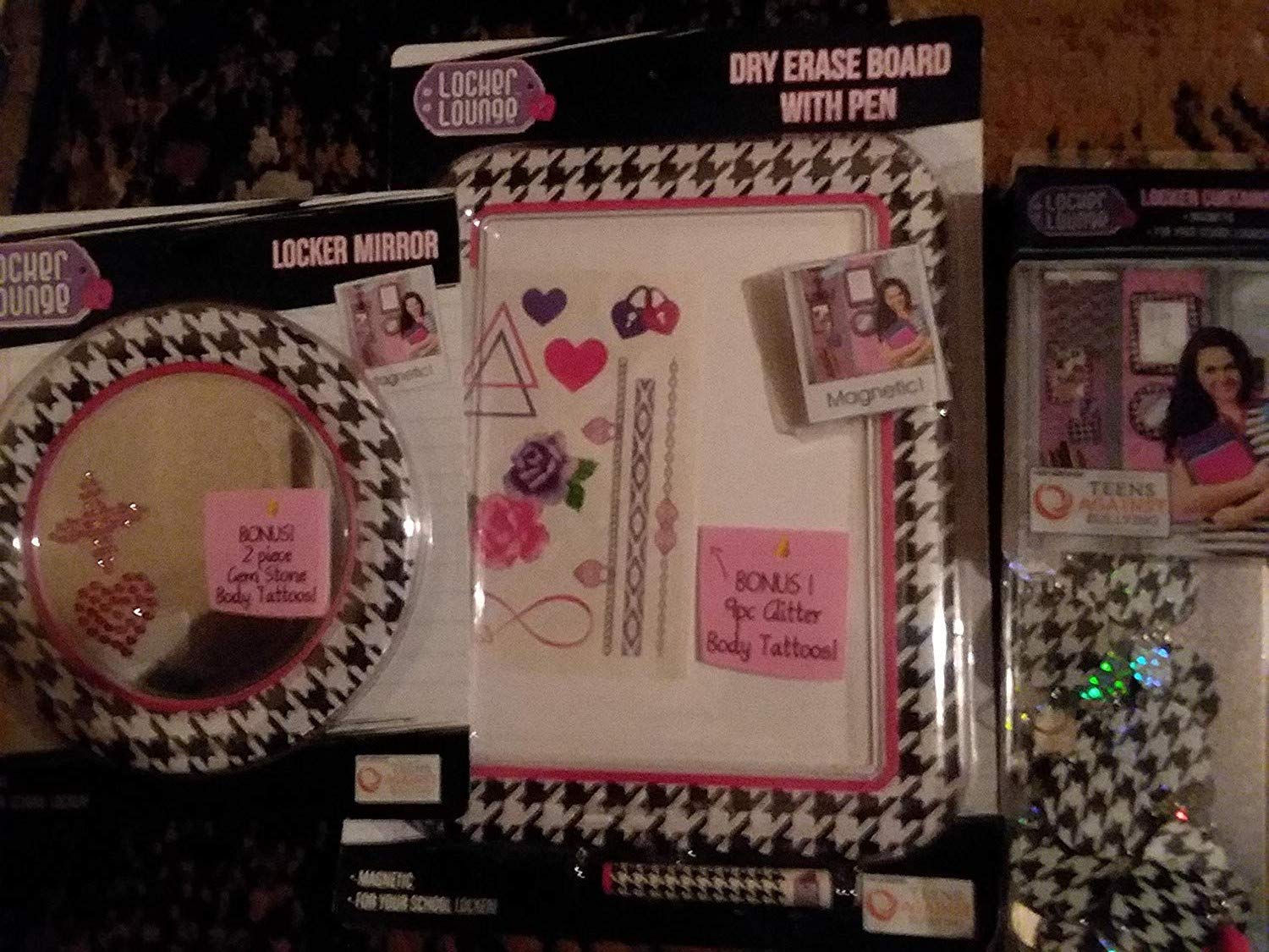 Locker Lounge Accessories 3 Piece Bundle Houndstooth/Locker Mirror and Locker Curtains