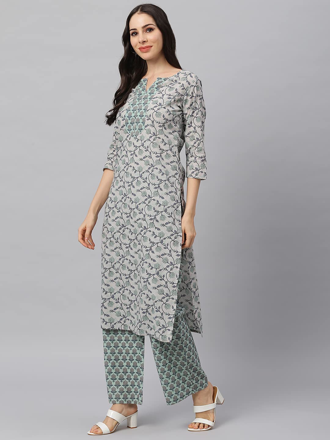 Idalia Women's Grey And Teal Green Printed Cotton Kurta Set With Palazzo Pant