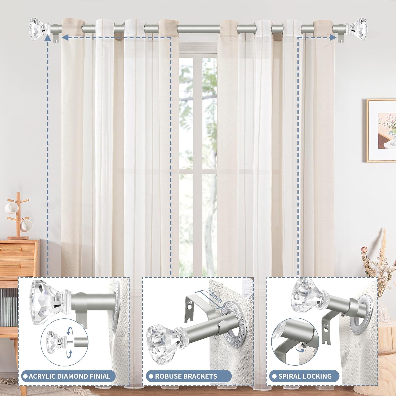 Silver Decorative Crystal Curtain Rods 18 to 45 Inch:Heavy Duty Adjustable Window Curtains Rods for Living Room Bedroom,Nickel Modern Girly Acrylic Drapery Rod with Clear Bling Diamond Finials