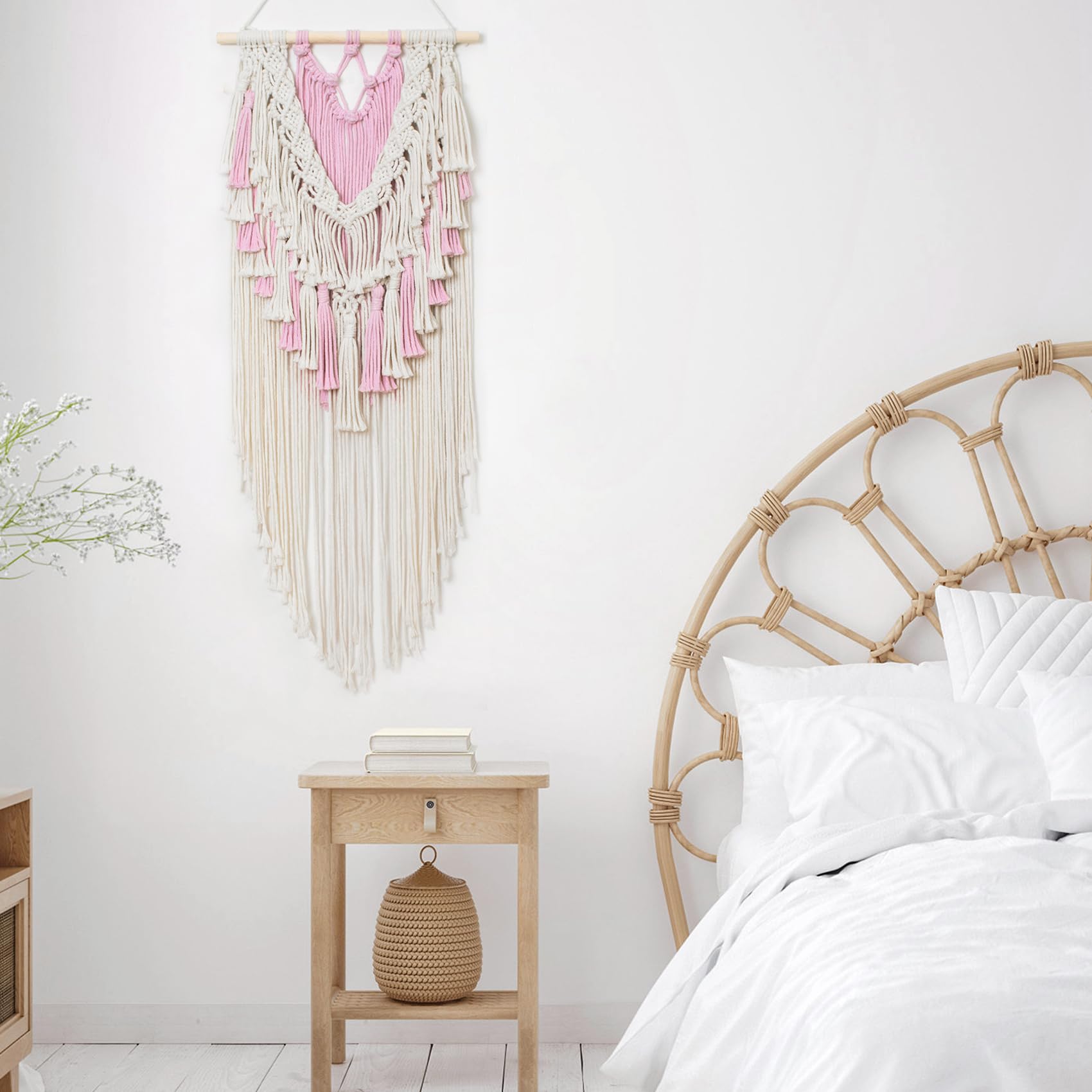 Tapiz de macramé rosa para colgar en la pared, decoración de pared bohemia con borlas rosas y beige, tapiz bohemio para habitación de niñas, habitación de niños, sala de estar, guardería, 5
