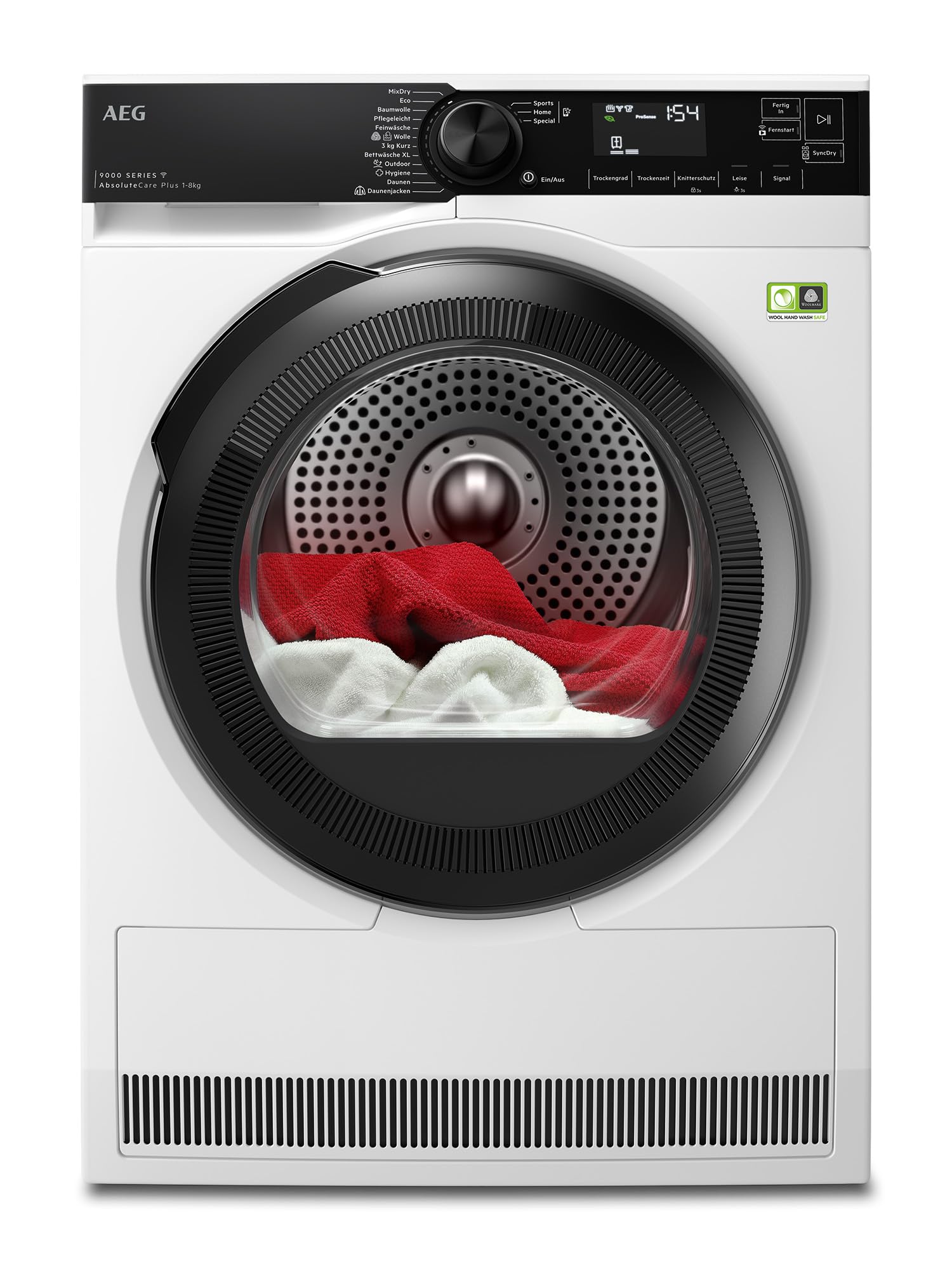 AEG WiFi Wärmepumpentrockner 8 kg, Serie 9000 AbsoluteCarePlus - Daunentrocknung, 3D-Scan Restfeuchteermittlung, B, Energiesparend, Trommelbeleuchtung, Knitterschutz -Weniger Bügelaufwand, TR9W75780